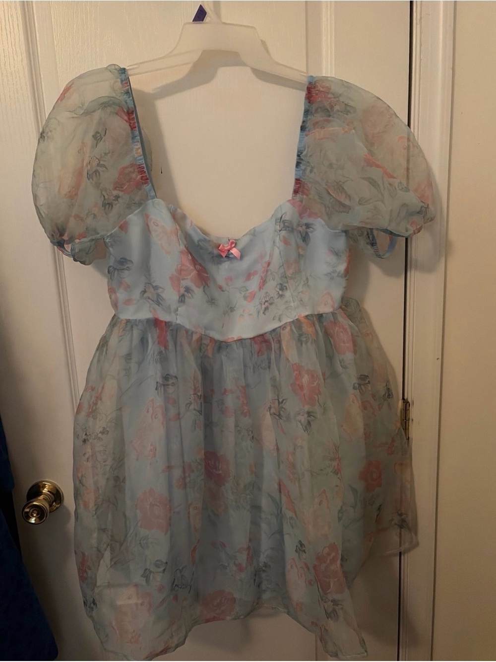 Dolls Kill Light Blue Floral Puff-Sleeve Mini Dress